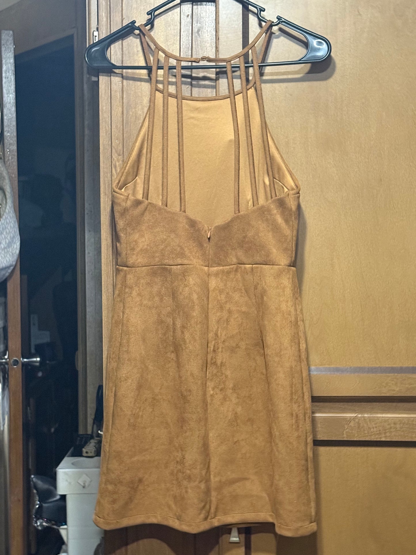 She + Sky Brown Faux Suede Sleeveless Cut out mock neck Mini dress