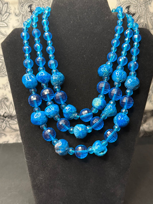 Beautiful Vintage Blue 3 Strand Statement Necklace