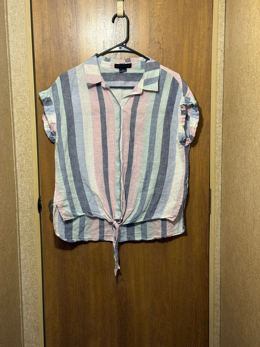 Women’s striped tie front button down cap sleeve shirt