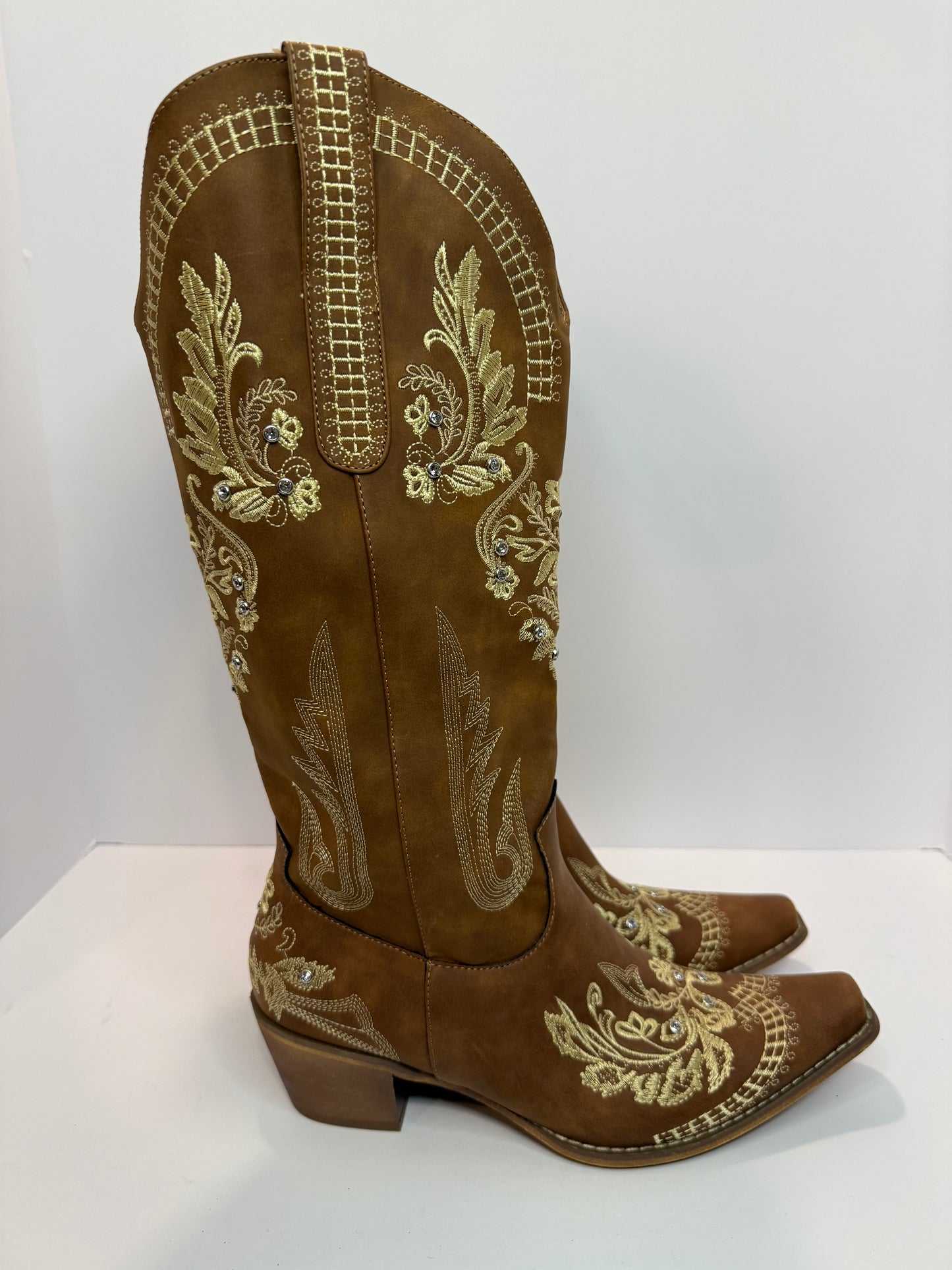 Brown Rhinestone Embroided western style cowgirl Boots wide calf