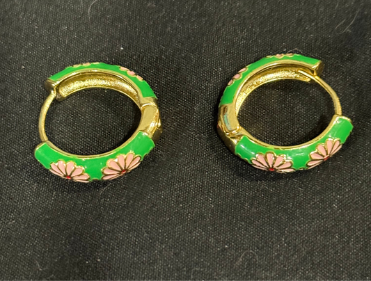 Cloisonné gold enamel flower hoops