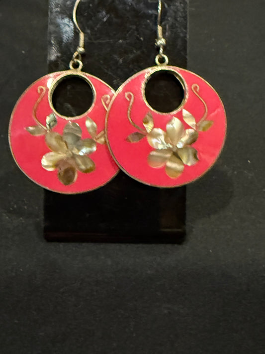 Vintage Alpaca silver and Abalone Pink Floral earrings