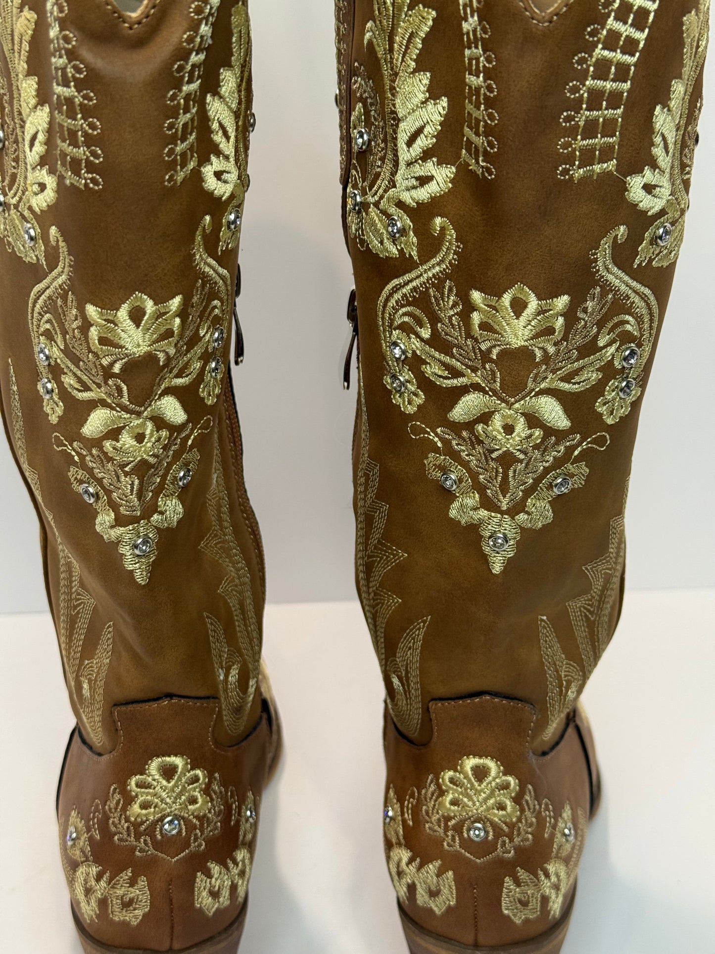 Brown Rhinestone Embroided western style cowgirl Boots wide calf
