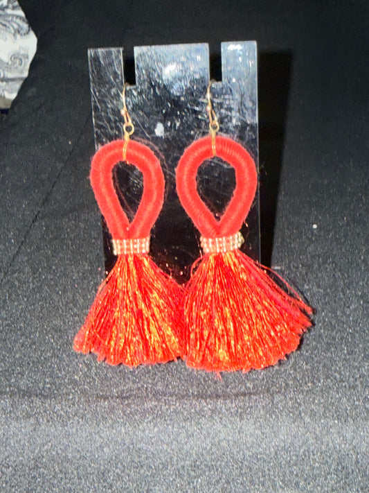 Coral silk tassel/gold earrings