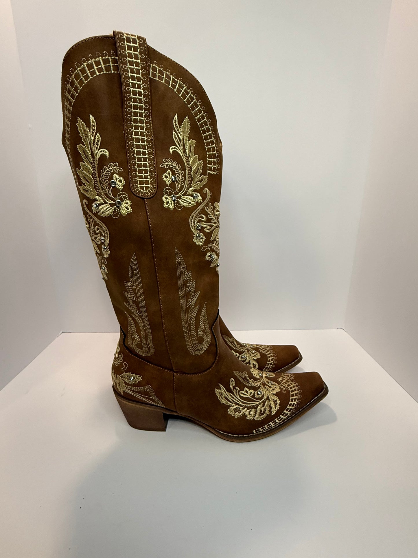 Brown Rhinestone Embroided western style cowgirl Boots wide calf