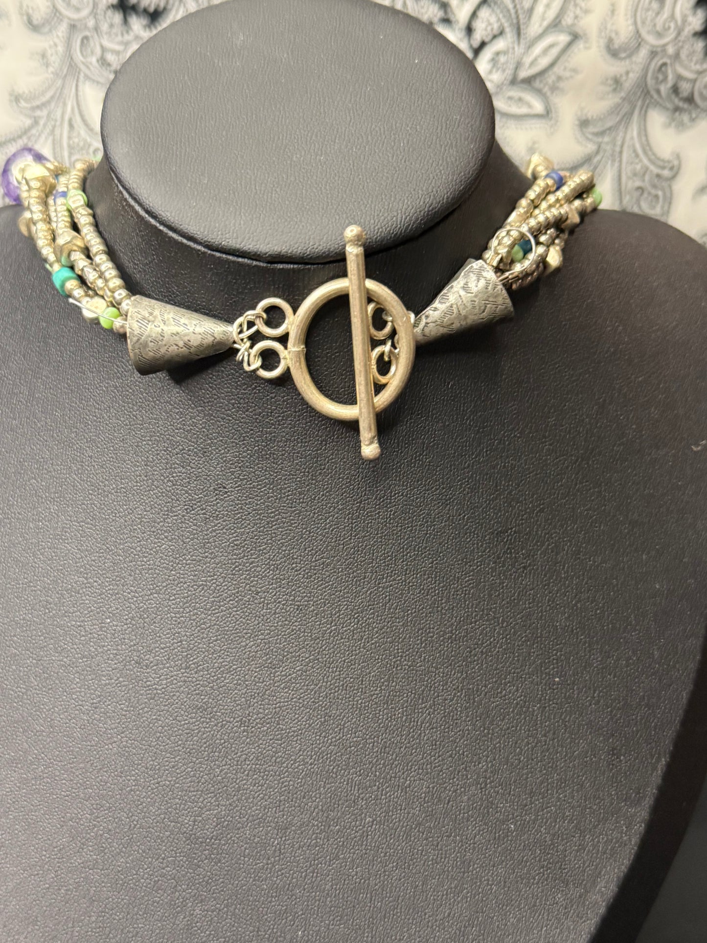 Vintage Sterling Silver 5 strand Bohemian Bead Necklace