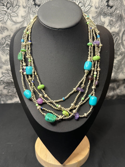 Vintage Sterling Silver 5 strand Bohemian Bead Necklace