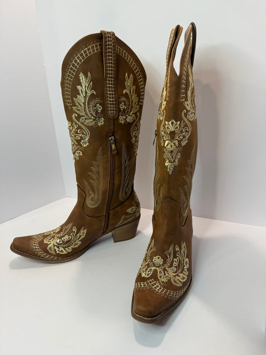 Brown Rhinestone Embroided western style cowgirl Boots wide calf