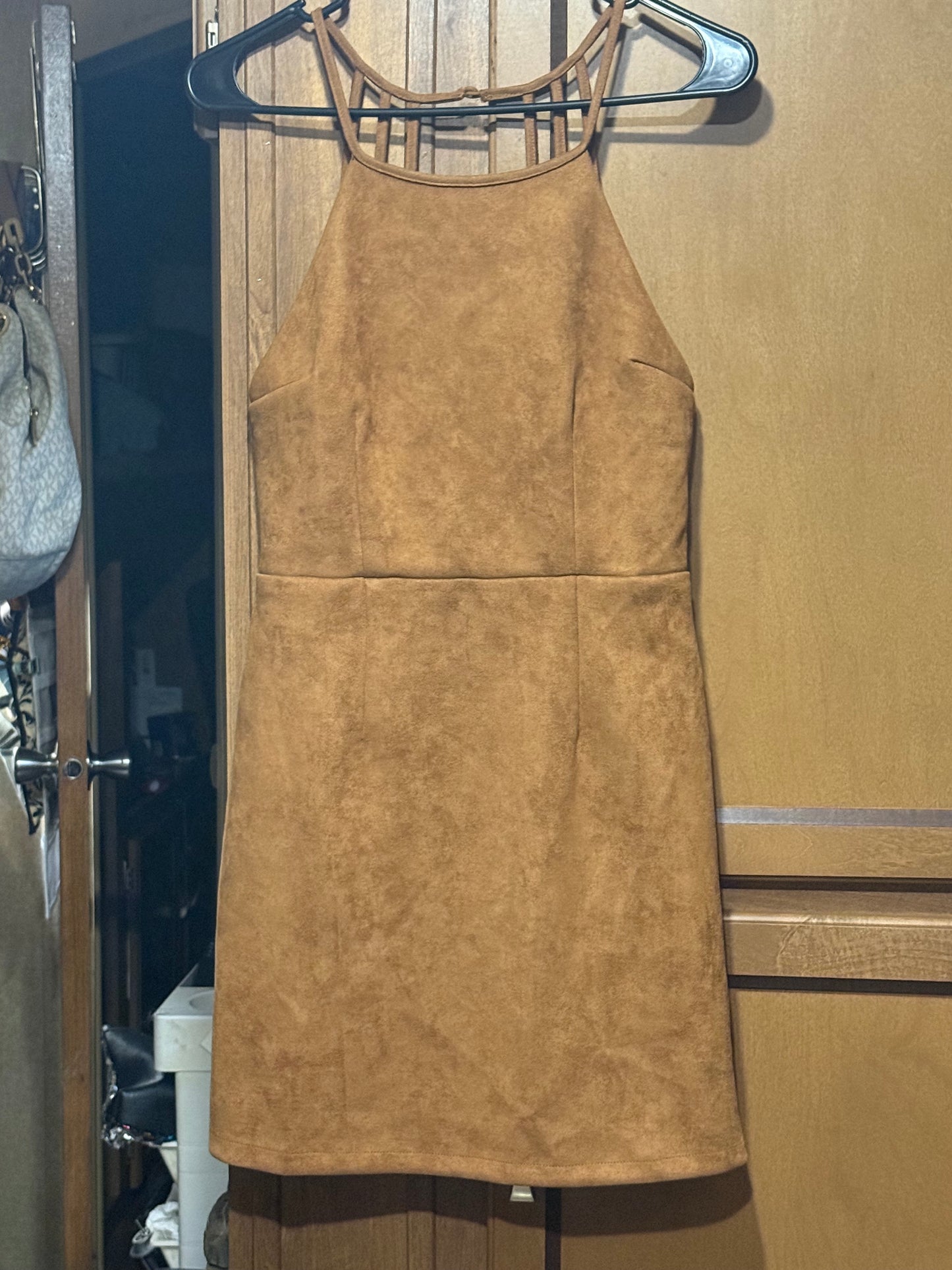 She + Sky Brown Faux Suede Sleeveless Cut out mock neck Mini dress
