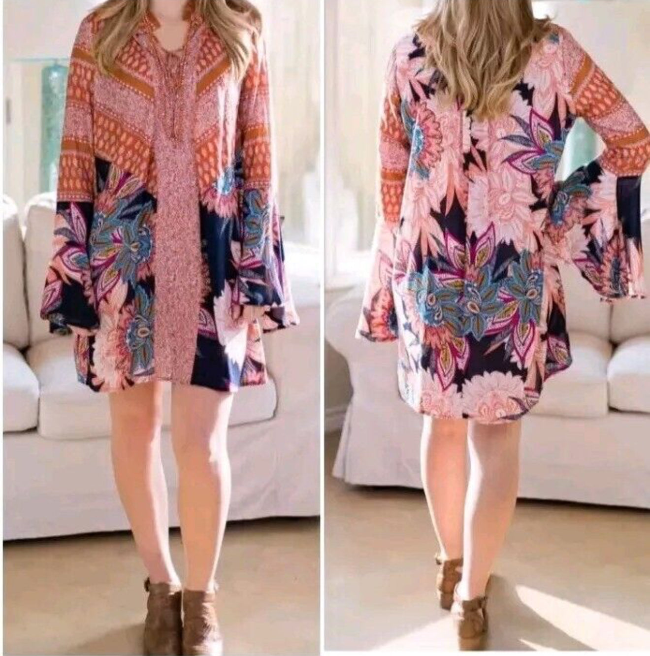 Umgee Rust Blue Floral print Boho dress